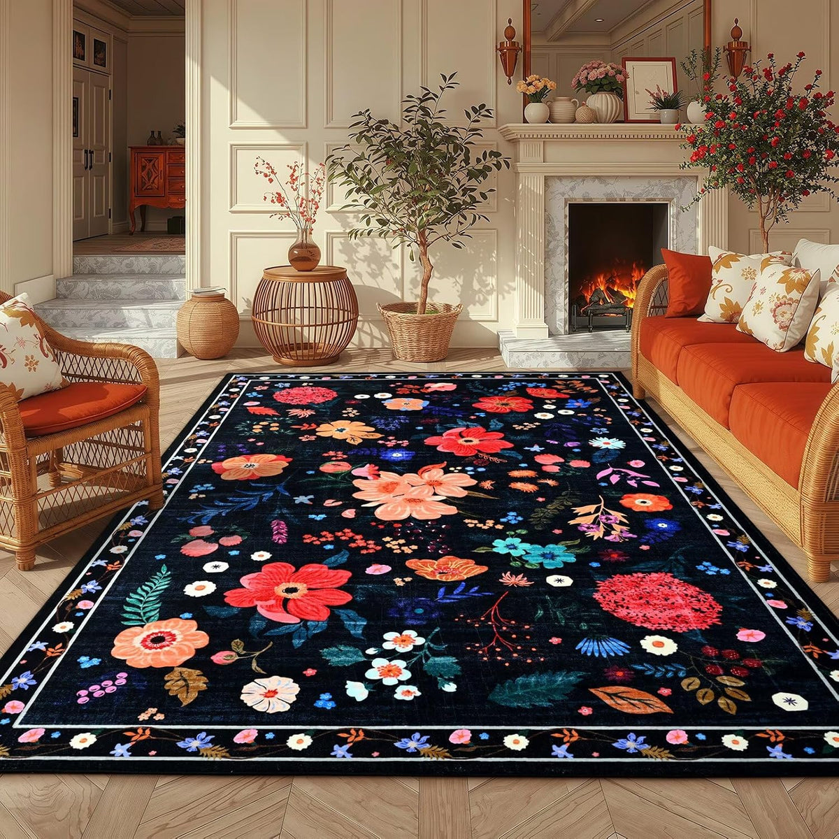 Macgace Floral Area Rug for Living Room, Machine Washable 5x7 Black Rugs
