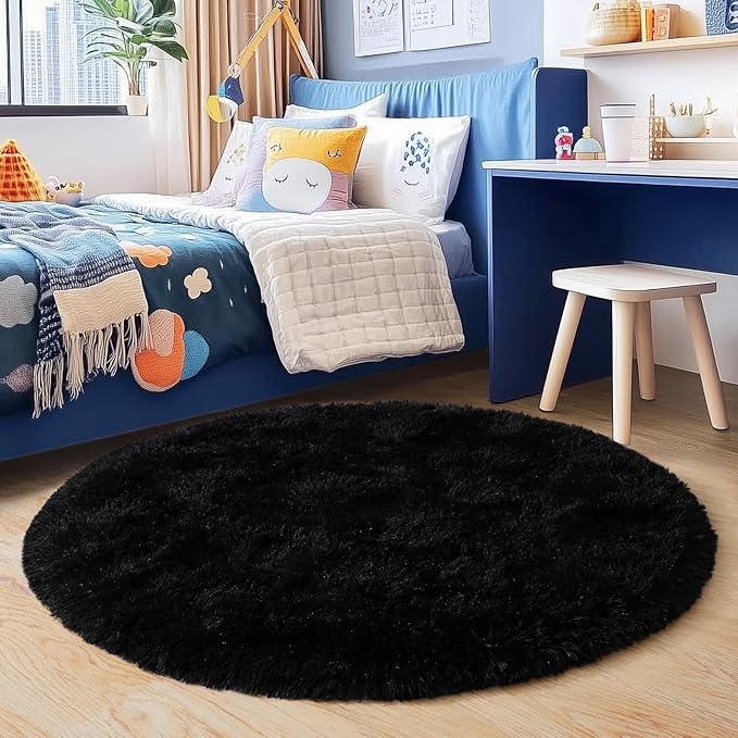 4'x4' Black Round Rug for Bedroom, Ultra Soft Fluffy Circle Rug for Kids Girls by Quntue