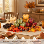 30Pcs Artificial Pumpkins Set, Assorted Fall Fake Pumpkins Acorns Pine Cones Berries Maple Leaves, Fall Decor for Halloween Thanksgiving Home Mantel Tabletop