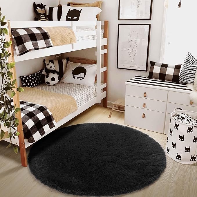 Black Small Round Rug 3Ft for Bedroom, Fluffy Circle Area Rugs for Living Room - Image 7