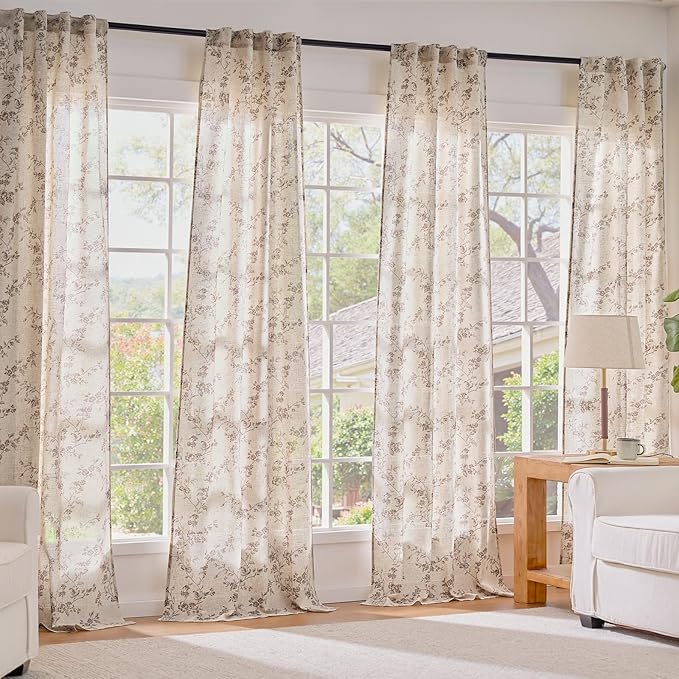 Lazzzy Taupe Floral Linen Curtains 96 Inch Farmhouse Back Tab Drapes - Image 7