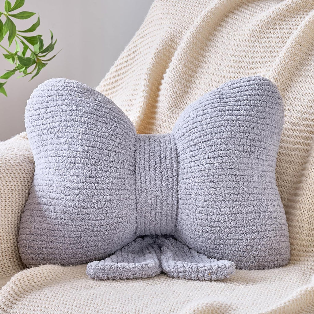 Bow Pillow, Decorative Throw Pillows with Soft Plush, Bow Throw Pillow for Couch Bed, Home Decor Bow Shaped Pillow for Bedroom Living Room (Grey, 12 Inches)
