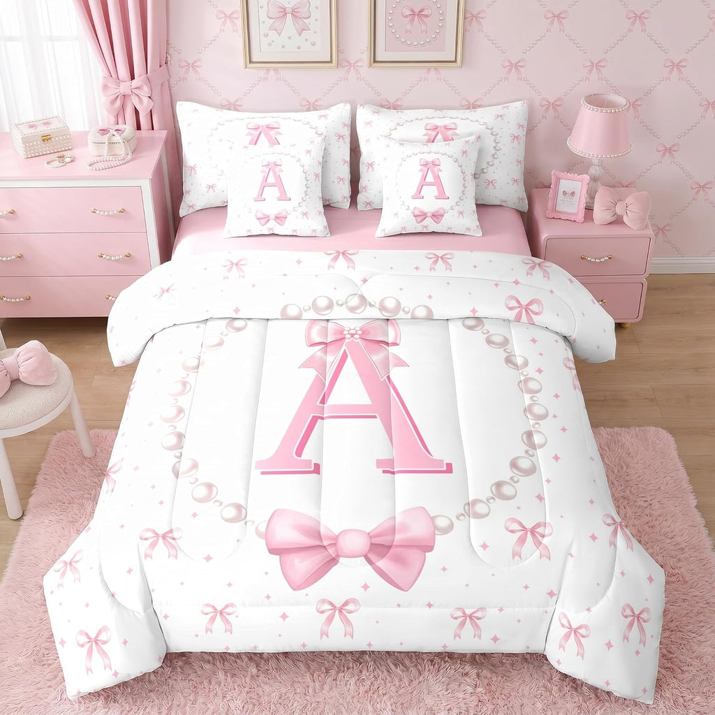 Erosebridal Girls Pink Bow Initial Twin Comforter Set with Sheets - Monogrammed Letter A Bows Bedding Set 7 Piece for Kids Teen, Pink White Ribbon Bow Tie Fitted Flat Sheet, Cute Bowknot Bed Set