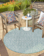 Unique Loom Outdoor Trellis Collection Area Rug - Deco Trellis (4' 1" Round, Aqua/ Ivory)