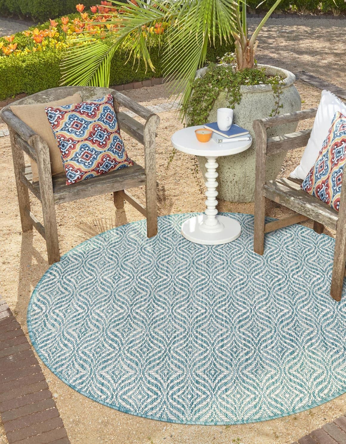 Unique Loom Outdoor Trellis Collection Area Rug - Deco Trellis (4' 1" Round, Aqua/ Ivory)