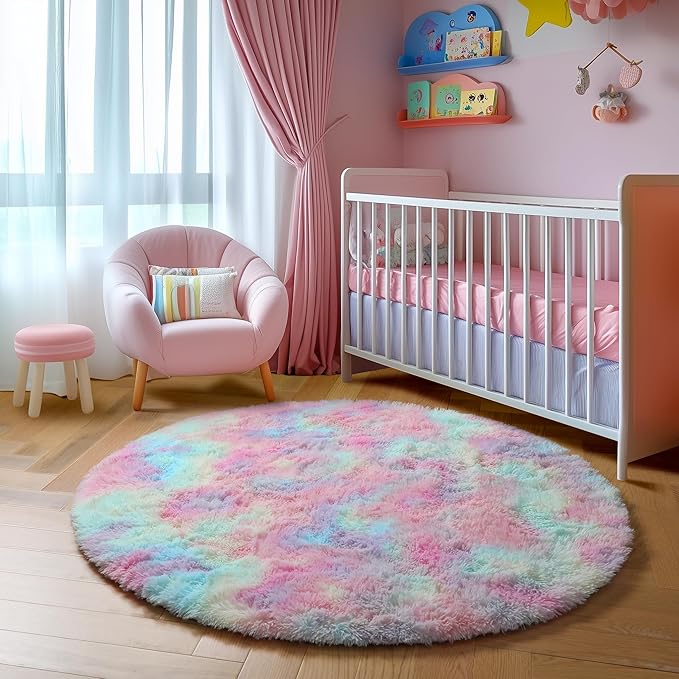 Amdrebio Rainbow Fluffy Round Rug 7Ft Kids Rugs - Image 8
