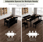 Feonase 5-Piece Dining Table Set for 4-8 People, 63" Large Extendable Kitchen Table Set with 2 Benches and 2 Square Stools, Dining Room Table with MDF Wood Board, Easy Assembly, Black