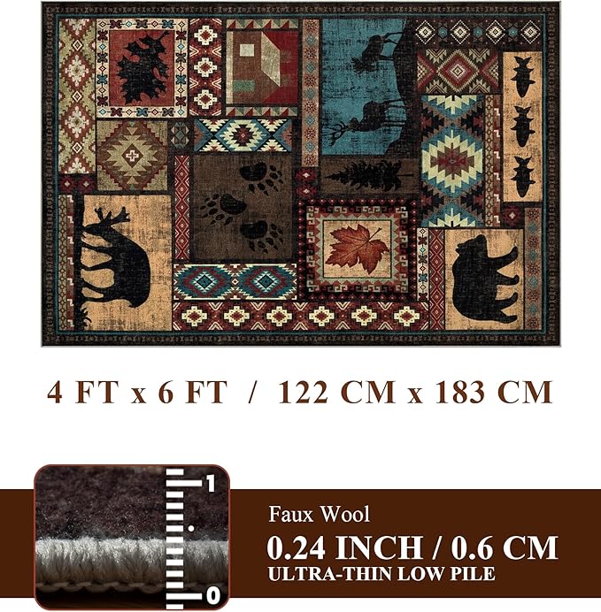 YIHOUSE Rustic Cabin Area Rug 4x6, Machine Washable Lodge Bear Rug, Non-Slip - Image 2