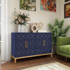 47.8" Storage Accent Cabinet with 4 Doors, Modern Sideboard Buffet Cabinet with Gold Lines, Wood Decorative Credenza with Storage for Living Room, Kitchen, Dining Room, Entryway, Blue