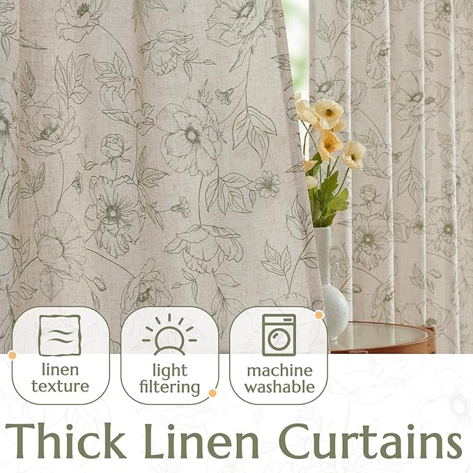 jinchan Floral Linen Curtains for Living Room 96 Inch Length Green Flower - Image 3