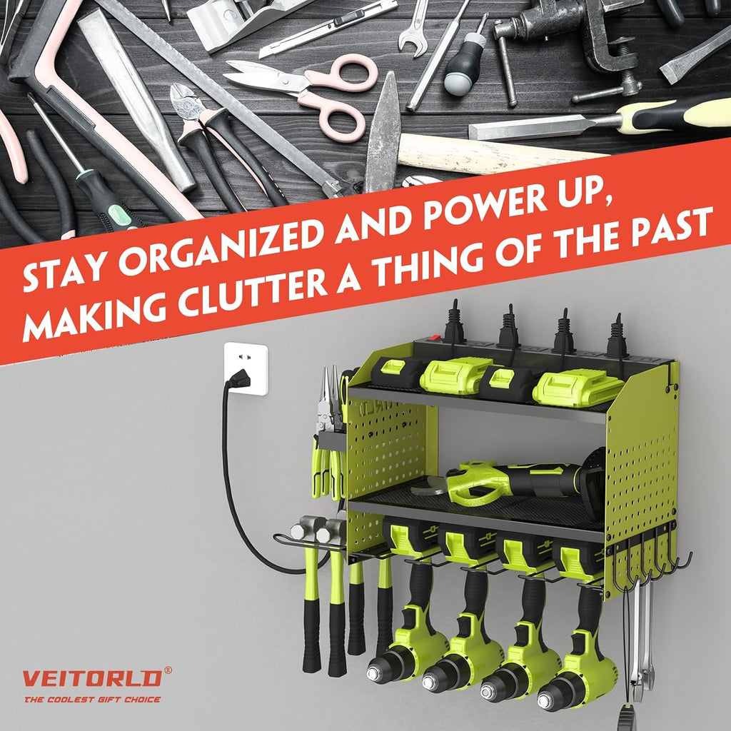 Veitorld Power Tool Organizer with Charging Station, Heavy Duty Modular Wall Mount Rack for Garage & Shed Organization, 4 Drill Holders, Fathers Day Birthday Gifts for Him Men Dad Him Husband(Green)