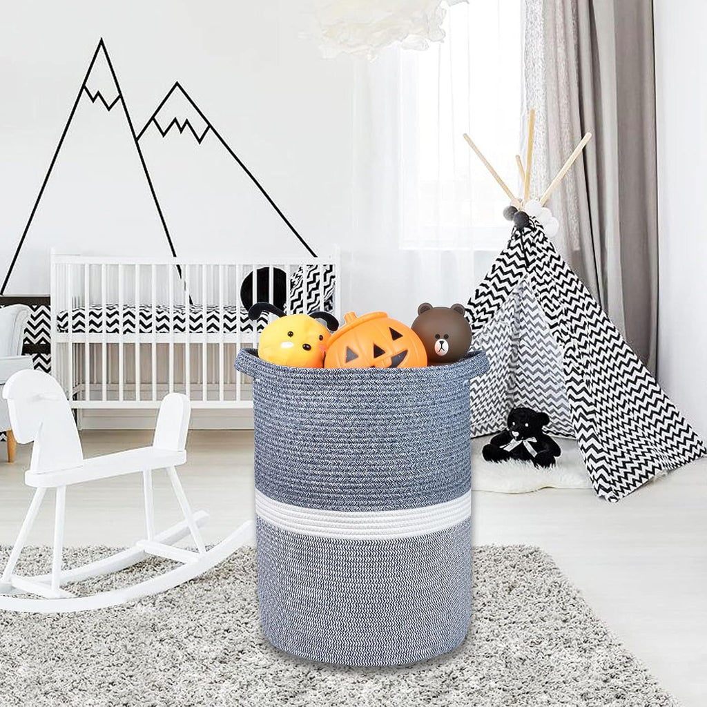 Cotton Rope Blanket Basket, 72L Laundry Hamper, Navy Blue &White