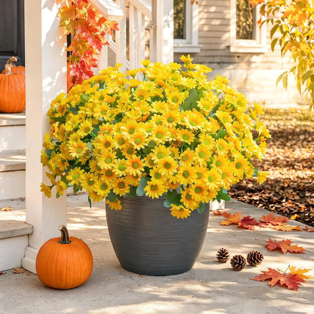 Daisy Artificial Flowers for Outdoors Fall Autumn Decoration, 6 Bundles Fake Mums Yellow Silk Flowers for Outside Look Real UV Resistant Faux Flowers Plants for Planter Front Door Home Indoor Porch