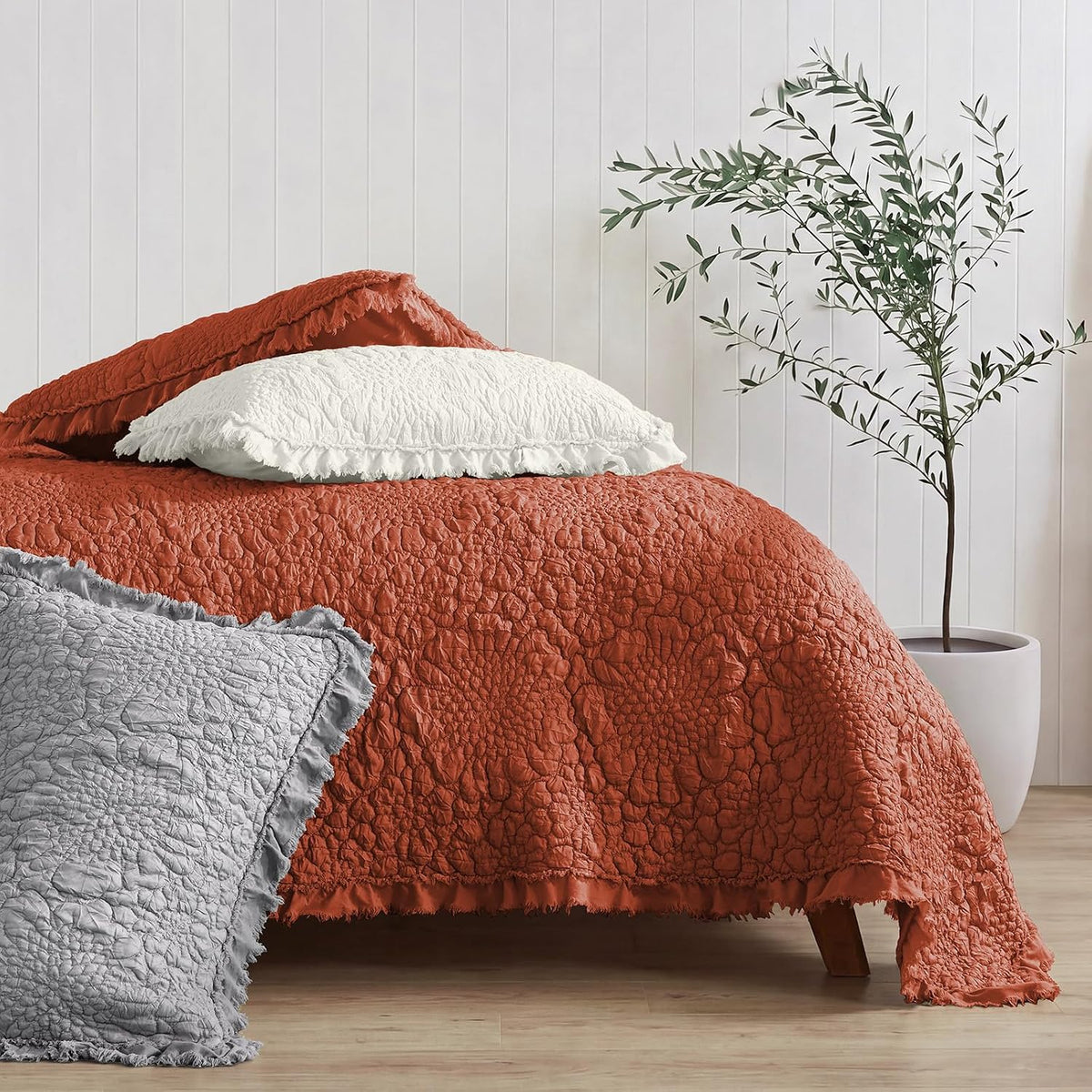 HORIMOTE HOME Shabby Chic Quilt Set Queen Size, Burnt Orange, 90x96 inches
