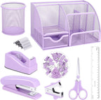 Purple Mesh Desk Organizer and Accessories, Purple Office Supplies 7 Compartments Desk Organizer with Stapler,Tape Dispenser,1000 Staples,Pen Holder,Staple Remover,Clips,Ruler,Scissors