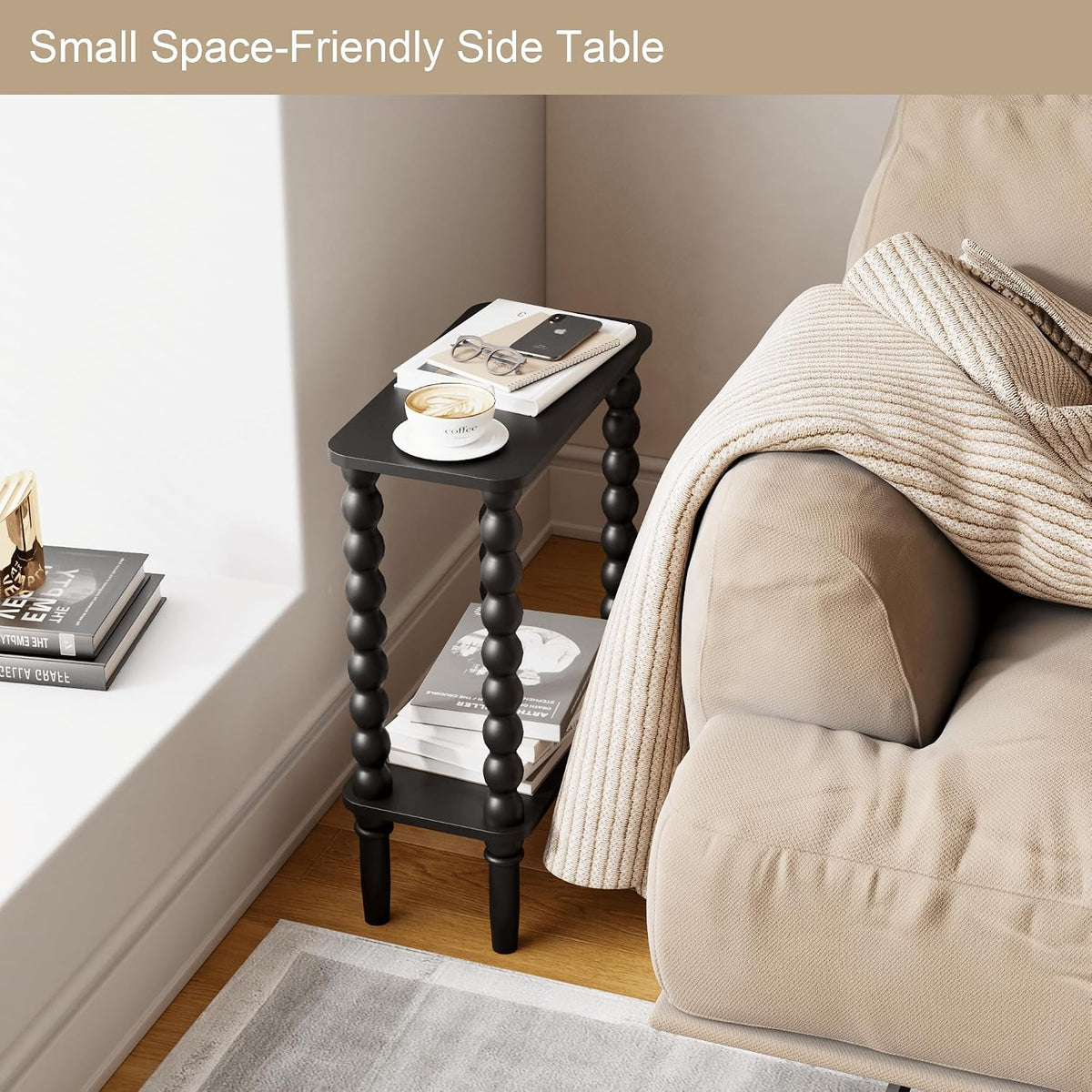Veegle Narrow Side Table Small End Table for Small Spaces Black