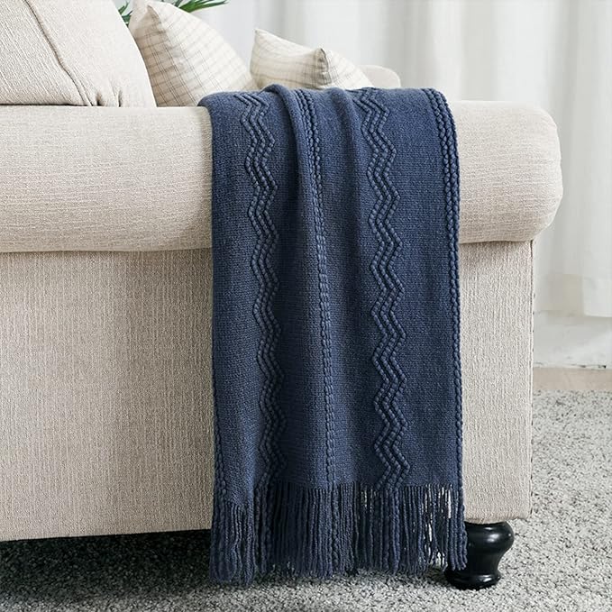BOURINA Navy Throw Blanket 50x60 Inches Throw Textured Solid Soft Sofa Throw - Image 2