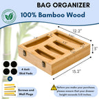 Storage Bag Holder, Baggie Organizer for Drawer or Wall Mount, Compatible with Gallon, Quart, Sandwich, Snack Size Bags, 1 Box 5 Slots, Bamboo Drawer Organizer, Baggie Holder