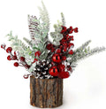 Small Christmas Tree Tabletop Artificial Mini Christmas Tree Decorations with Holiday Ornaments Red Berry Pine Cone Greenery for Home Indoor Fireplace Mantel Xmas Decor (Tree Stump-Red)