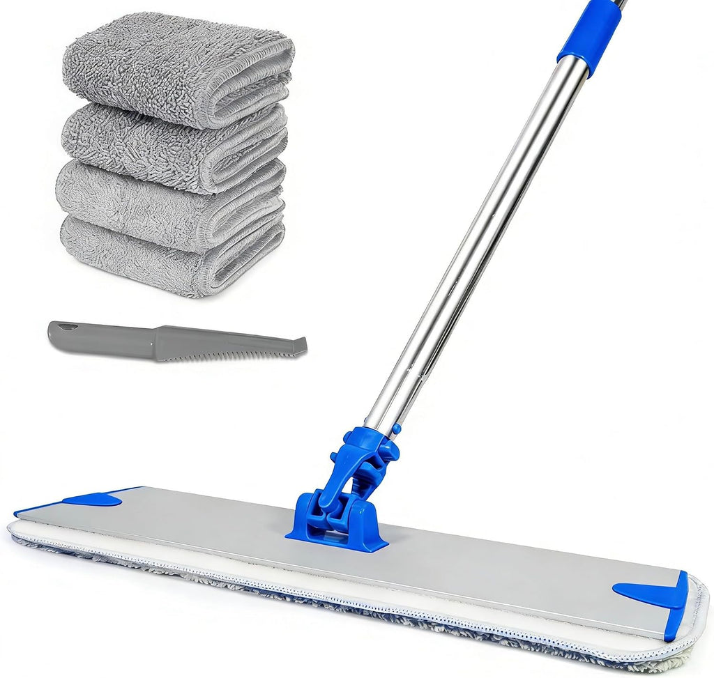 18 in Microfiber Flat Mop Cleaning System, Floor Mops with Stainless Steel Handle, Tangle-Free Mop Head, 4 Reusable Washable Dust Pads, Wet Mopping for Hardwood Tile Laminate