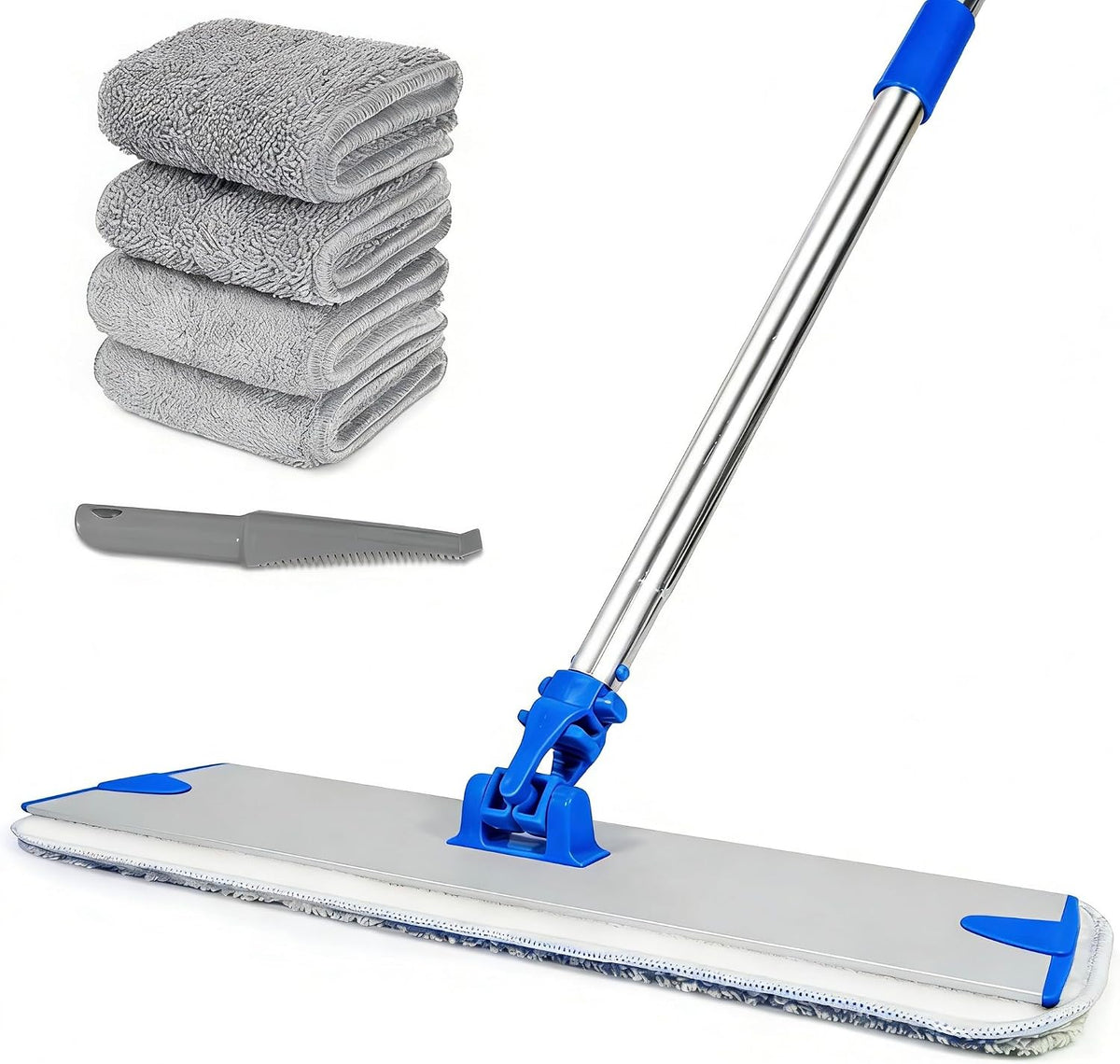 18 in Microfiber Flat Mop Cleaning System, Floor Mops with Stainless Steel Handle, Tangle-Free Mop Head, 4 Reusable Washable Dust Pads, Wet Mopping for Hardwood Tile Laminate