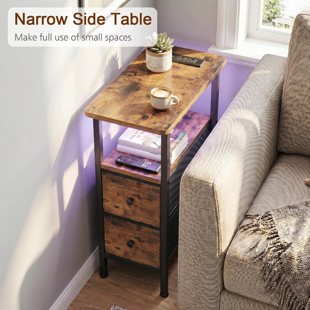 LOAKEKEL Narrow End Table with Charging Station, Small Nightstand