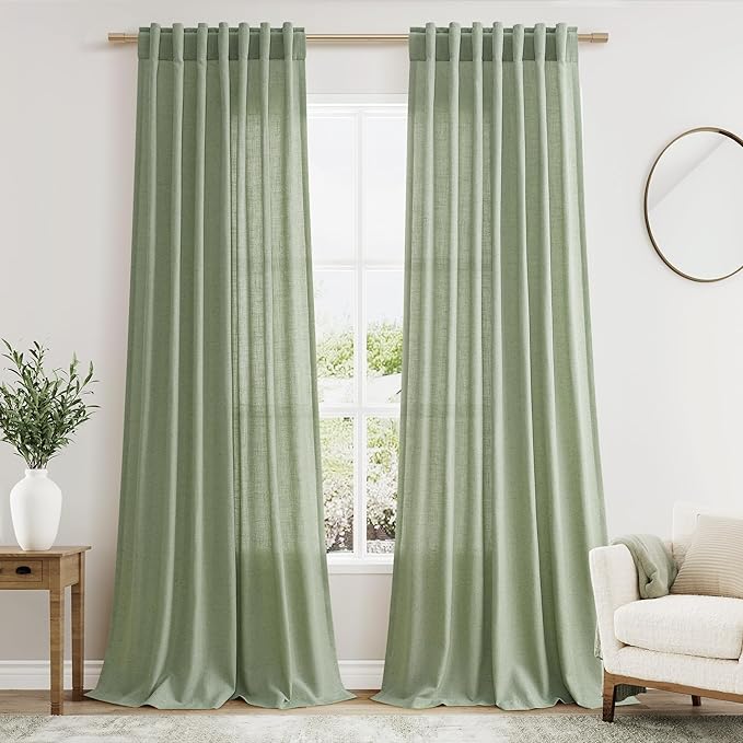 Sheer Light Sage Linen Curtains 102 Inches Long Rod Pocket Back Tab Drapes 2 by Nanspring
