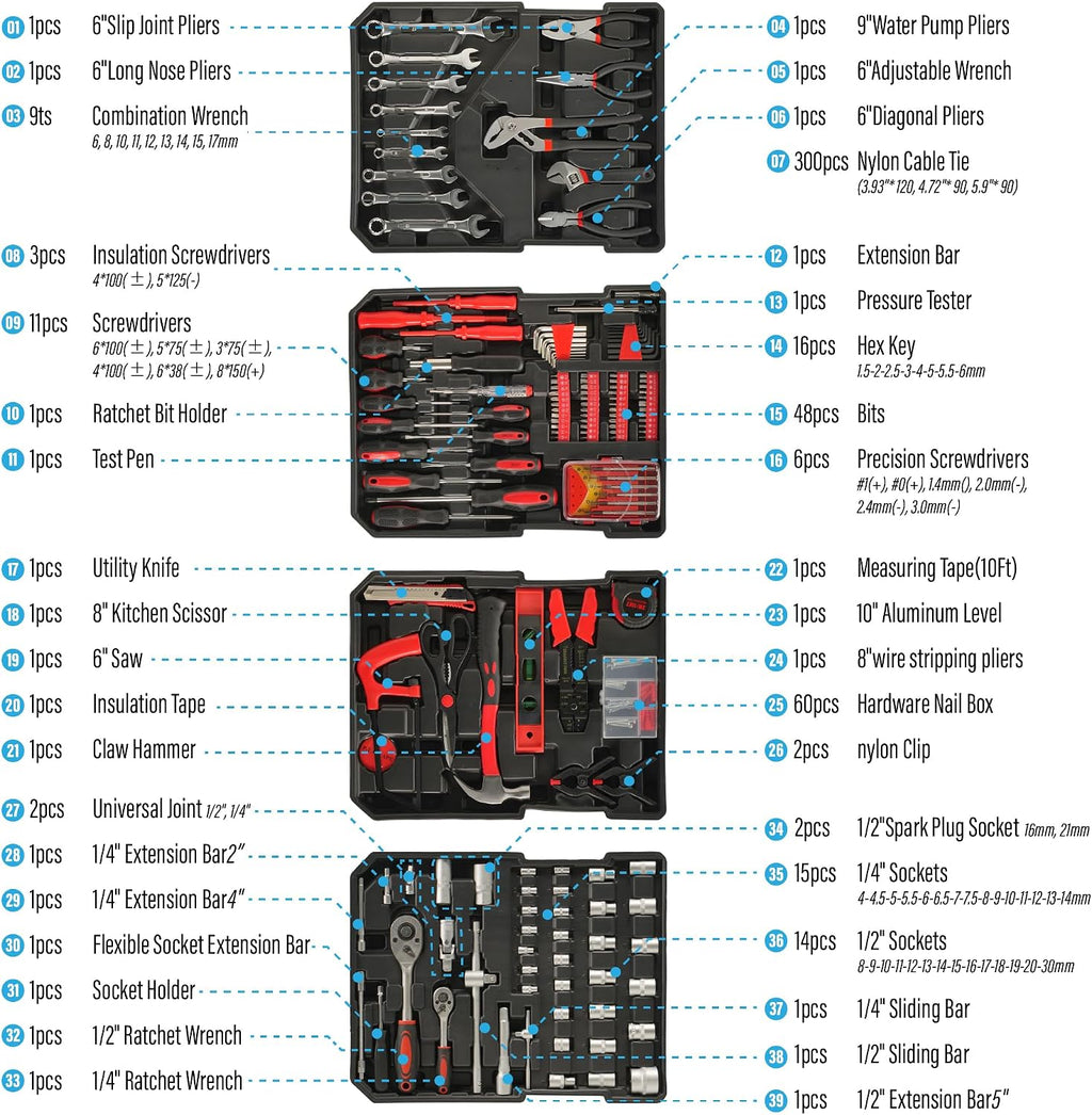 515 PCS General Household Tool Kit Aluminum Trolley Case Tool Set for Men
