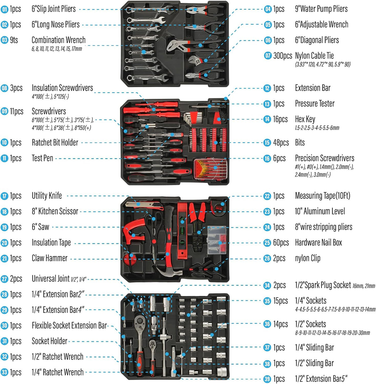 515 PCS General Household Tool Kit Aluminum Trolley Case Tool Set for Men