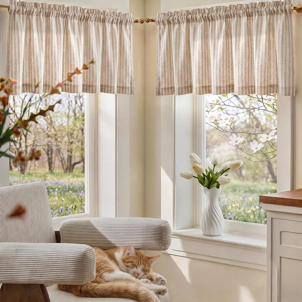 jinchan Linen Boxter Stripe Valances for Window 50 x 16 inch, Tan,1 Panel