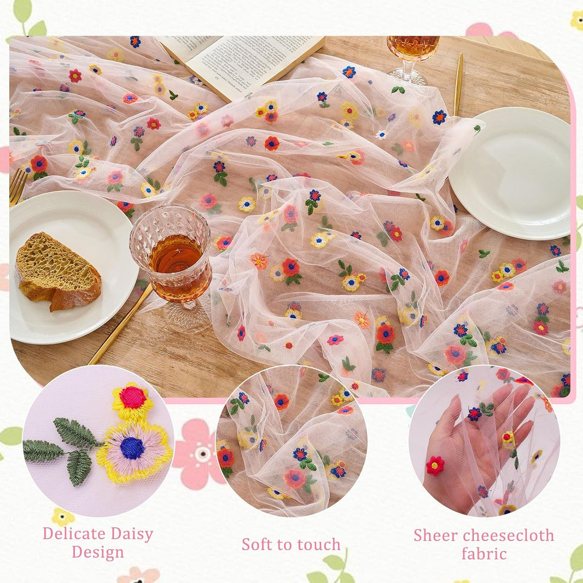 BINBE 6pcs Pink Daisy Spring Table Runner Embroidery Gauze 10FT Florals Seasonal Tulle Holiday Birthday Kitchen Dining Table Decor for Home Party