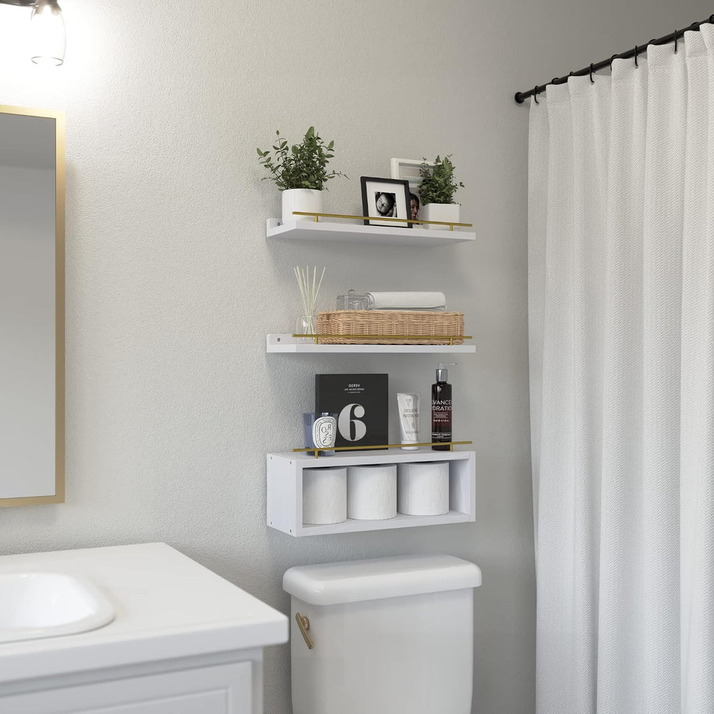 WOPITUES Floating Shelves for Wall with Cube Shelf, Wall Shelves with Metal Rail for Decor, Bathroom Organizers and Storage, Over Toilet Shelves for Bathroom, Toilet Paper-White&Gold