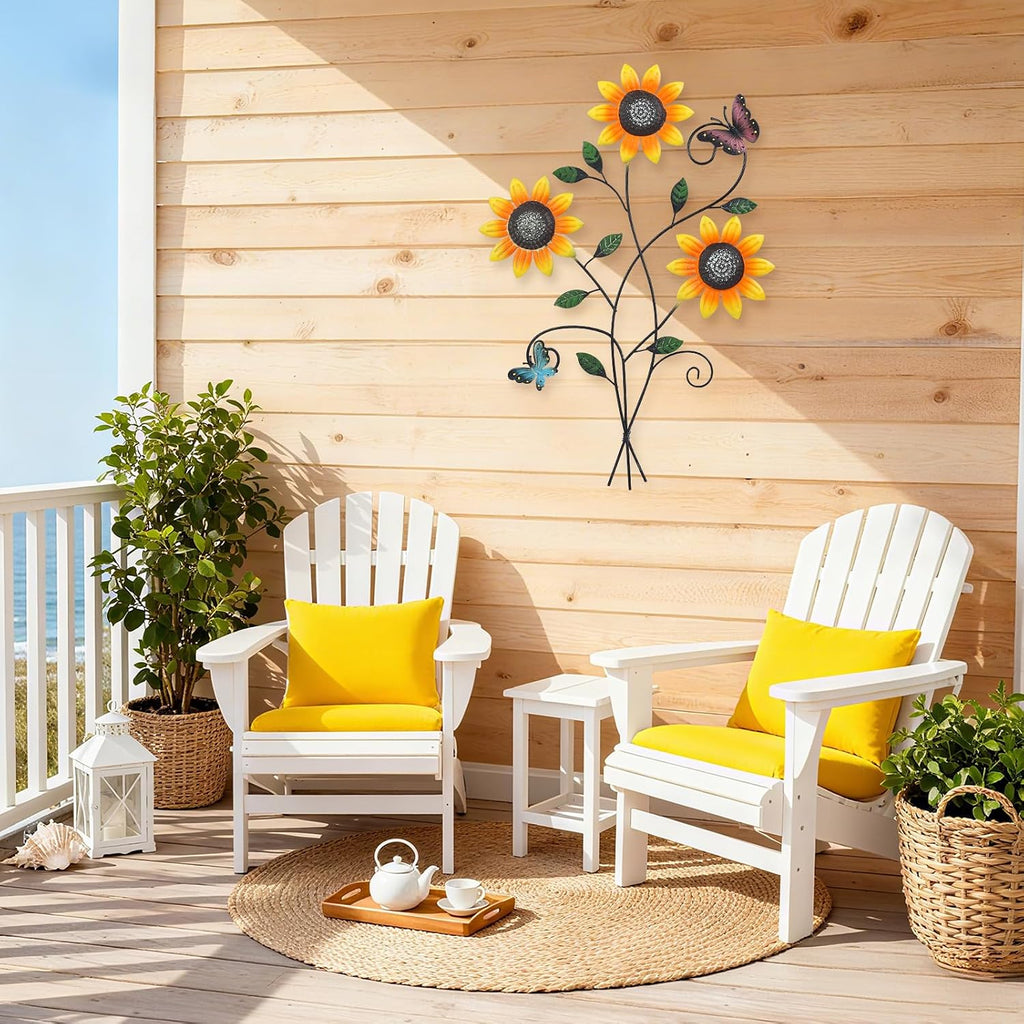 Metal Sunflower Wall Decor with Butterfly 3D Colorful Outdoor Wall Art