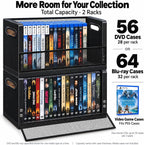 DVD Storage Rack 2 Pack, Stackable Media Organizer Holds 56 DVDs or 64 Blu ray Cases, Shelf with Magnetic Door for Video Games and CDs, VHS Tapes