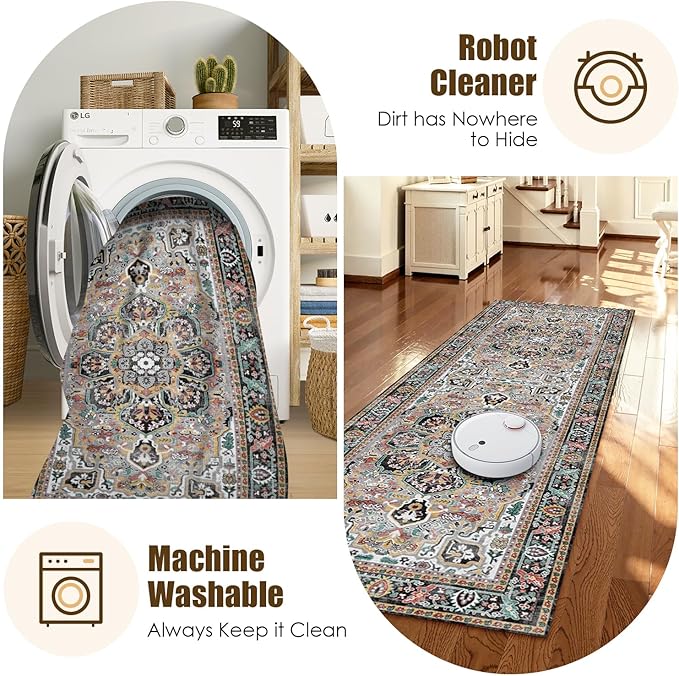 Washable Area Rug 2'6'' x 8' Vintage Traditional Persian Mat - Image 7