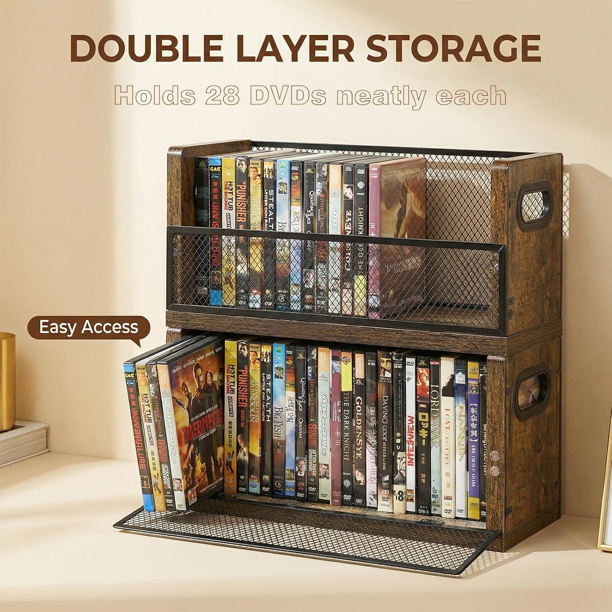 DVD Storage Rack 2 Pack, Stackable Media Shelf with Magnetic Door