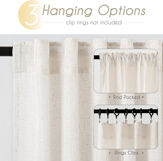 Natural Linen Curtain 94 inch Length 2 Panels Set Back Tab Light Filtering - Image 2