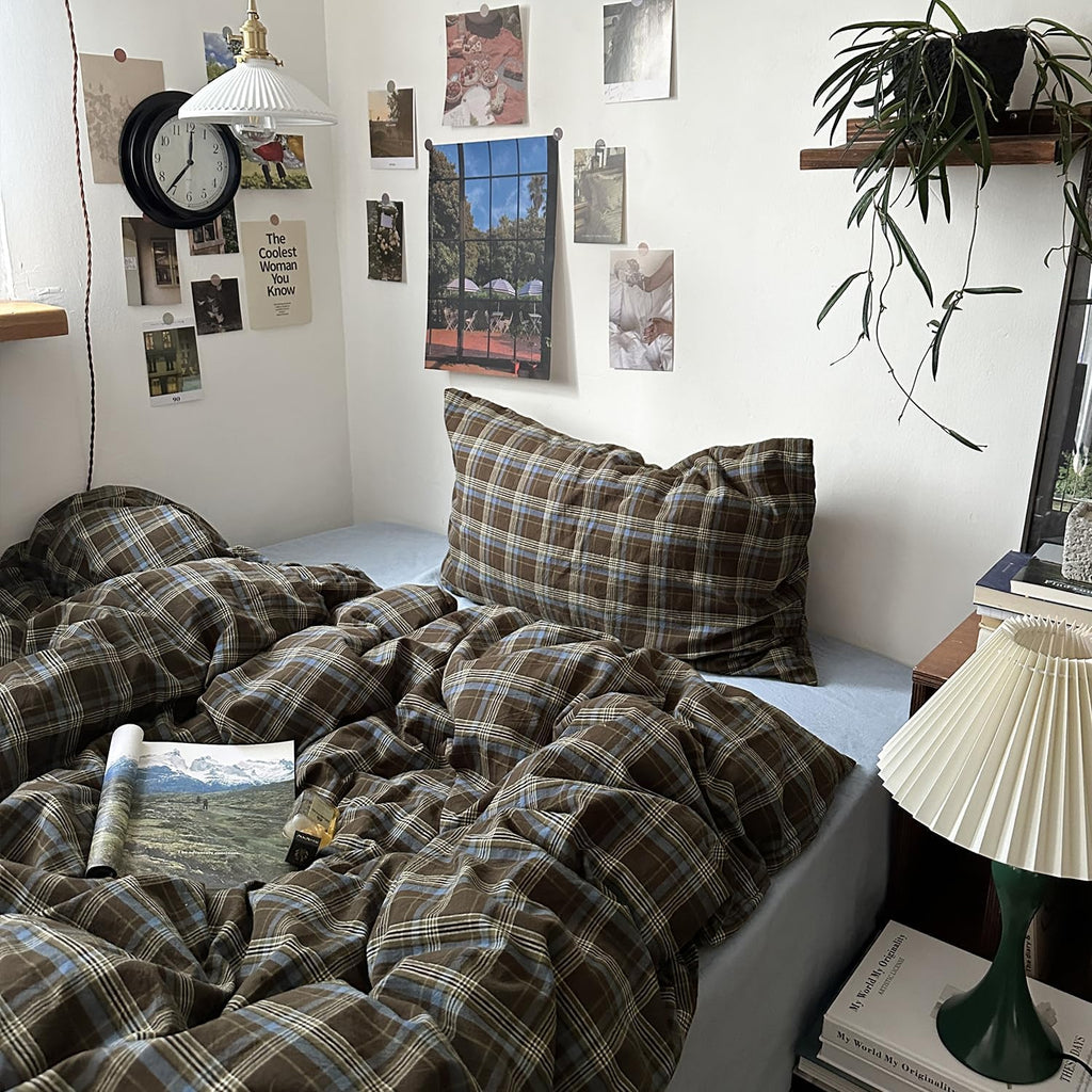 MKXI Full Size Blue, Brown & Green Buffalo Plaid Duvet Cover Set - 3 Piece Vintage Aesthetic Bedding Set, 100% Washed Cotton, Minimalist Design, Soft & Breathable Duvet Cover with Zipper Closure