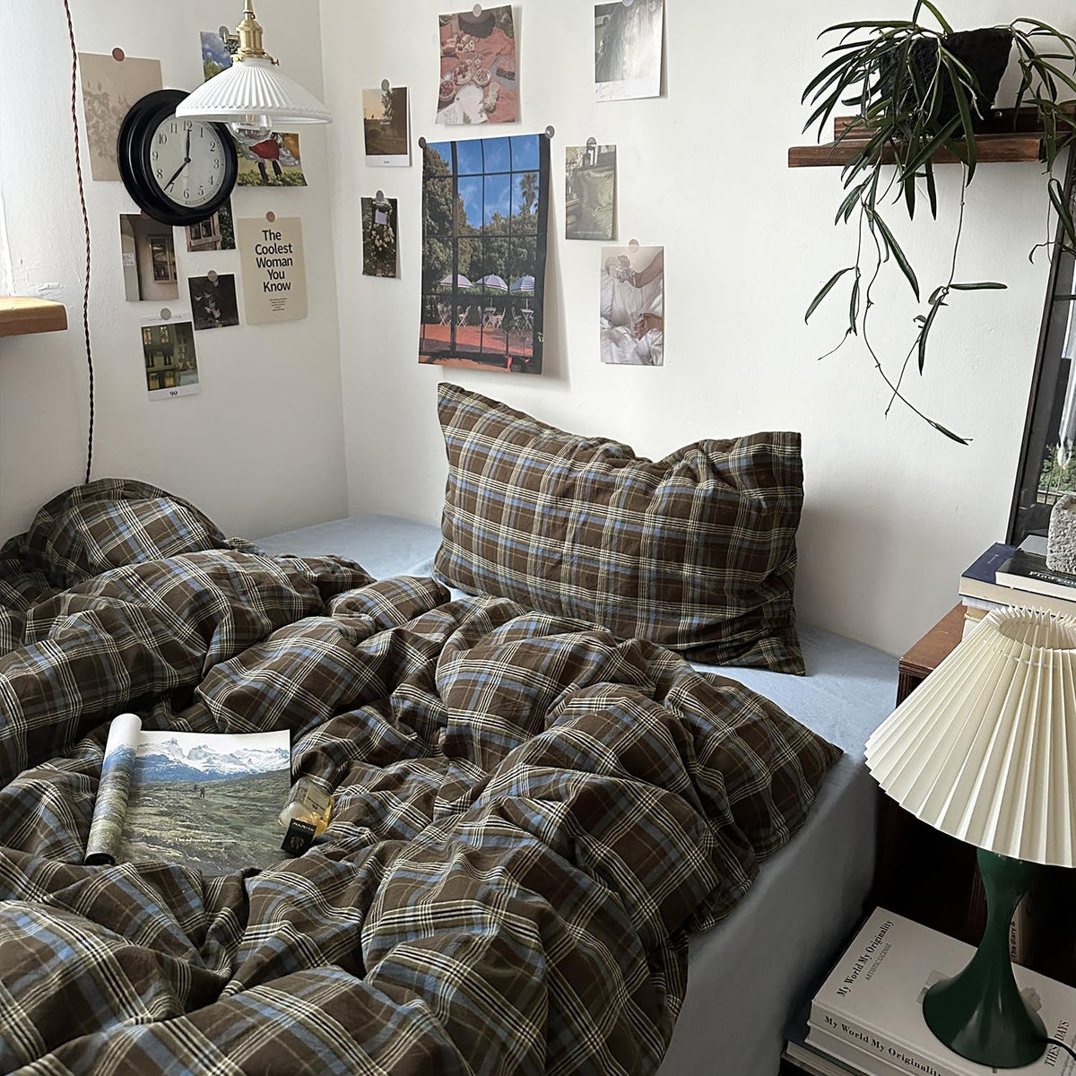 MKXI Full Size Blue, Brown & Green Buffalo Plaid Duvet Cover Set - 3 Piece Vintage Aesthetic Bedding Set, 100% Washed Cotton, Minimalist Design, Soft & Breathable Duvet Cover with Zipper Closure