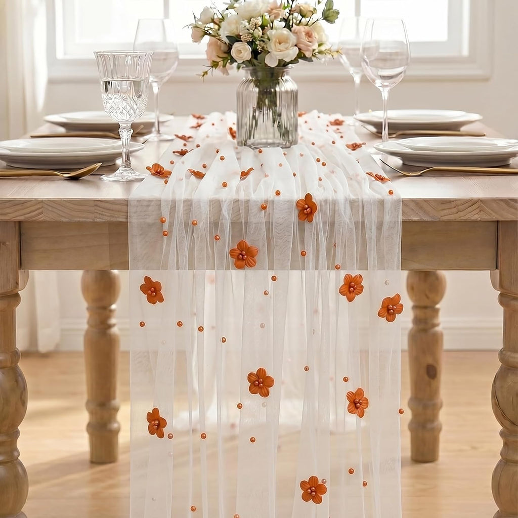 Artoid Mode Caramel Flower Pearl White Gauze Table Runner 10FT, Seasonal Sheer Dining Holiday Wedding Birthday Baby Shower Table Decor for Home Party