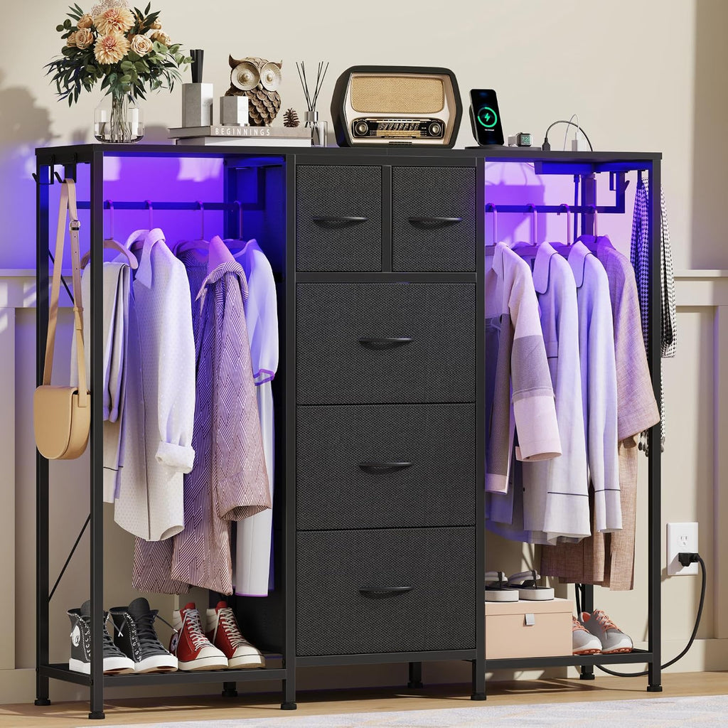 HIGDBFE 5-Drawer Dresser with 2 Hanging Racks, Black, 49.2" W