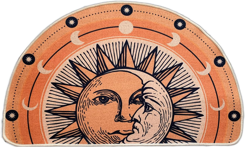 Semi Round Boho Sun and Moon Bathmat Fun Bath Mat Non Slip Washable Bathroom Decor Half Circle Bohemian Home Floor Doormat Semicircle Indoor Rug (Gold, No Fluff)