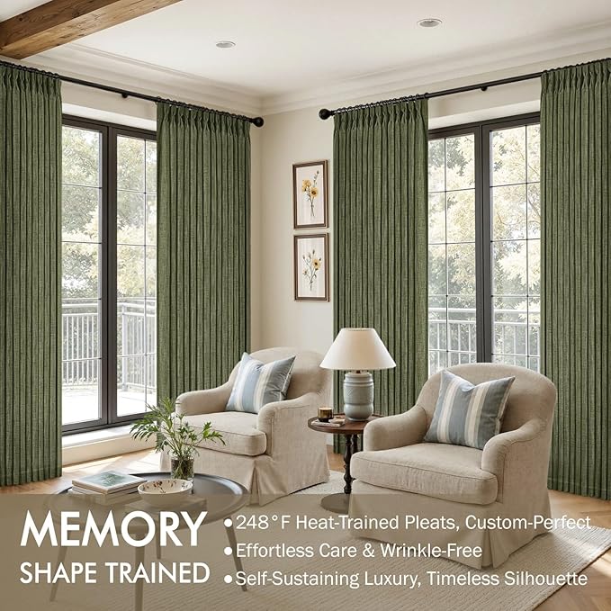 MIULEE Olive Green Pinch Pleated Linen Curtains 96 Inches Long 2 Panels - Image 2