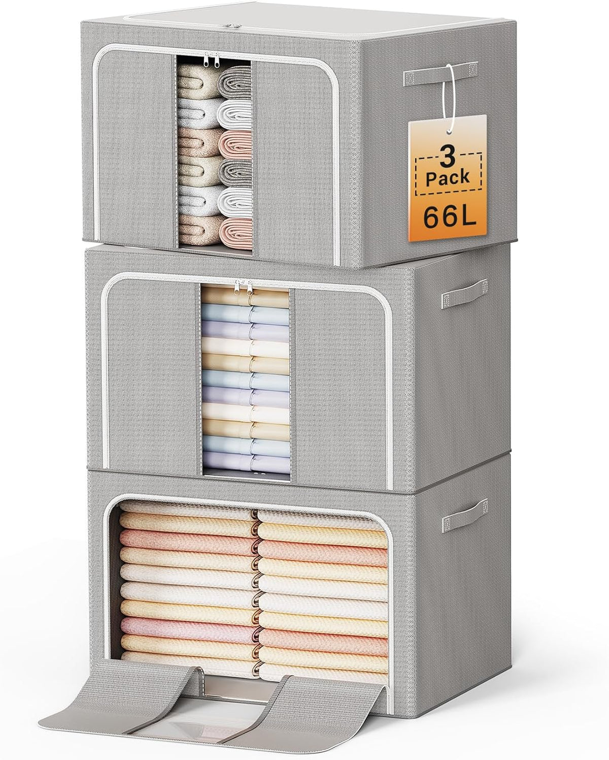 Clothes Storage Bins with Metal Frame Foldable Storage Box Clothes Organizers Storage Containers for Clothes Sheets Blankets Books Toys Gifts and Holiday Decorations (66Lx3 Pack)