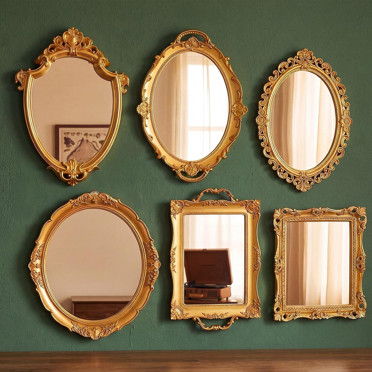 Beeveer 4 Pcs Vintage Gold Wall Mirror Set Luxury Gallery Wall Mirror Decorative Hanging Antique Decor for Living Room Entryway Wedding Bedroom Bathroom Victorian Decor (Elegant,White)