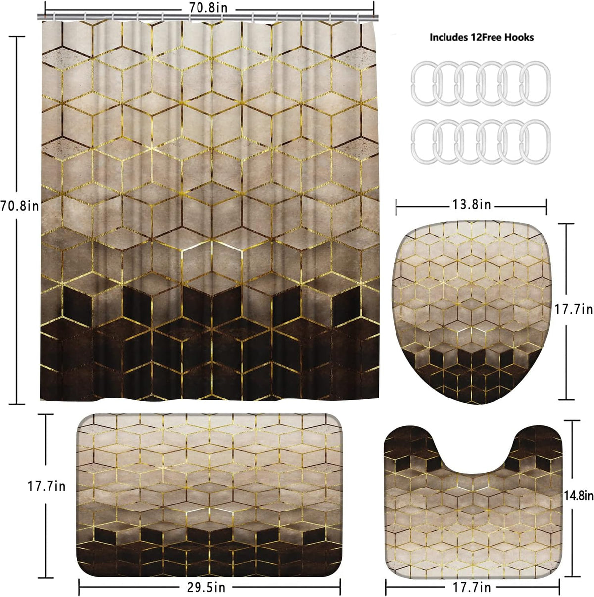 LQCOOL 4Pcs Shower Curtain Set,Green White Gold Floral Art Bathroom Decor