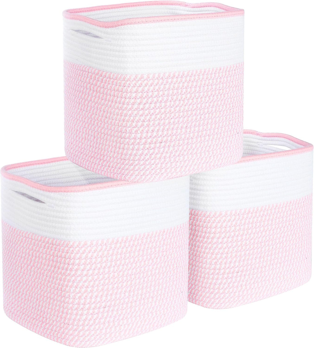 3-Pack 11x11 Inch Cube Storage Bin, Woven Storage Cube Organizer, Closet Organizer, Cute Square Storage Bins, Decorative Classroom Bathroom Pantry and Shelf Baskets, Light Pink