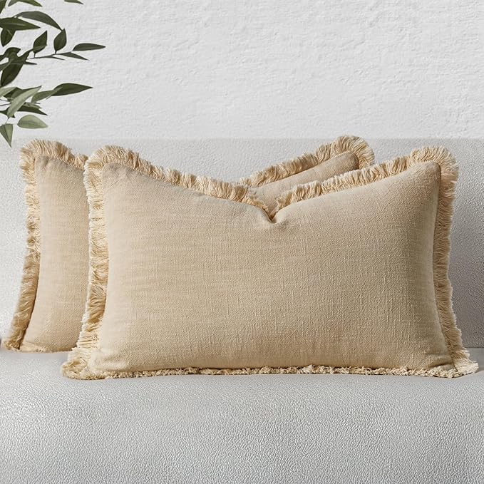MIULEE Decorative Lumbar Throw Pillow Covers Neutral Linen Fringe Throw Pillows by MIULEE