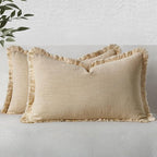 MIULEE Decorative Lumbar Throw Pillow Covers Neutral Linen Fringe Throw Pillows by MIULEE