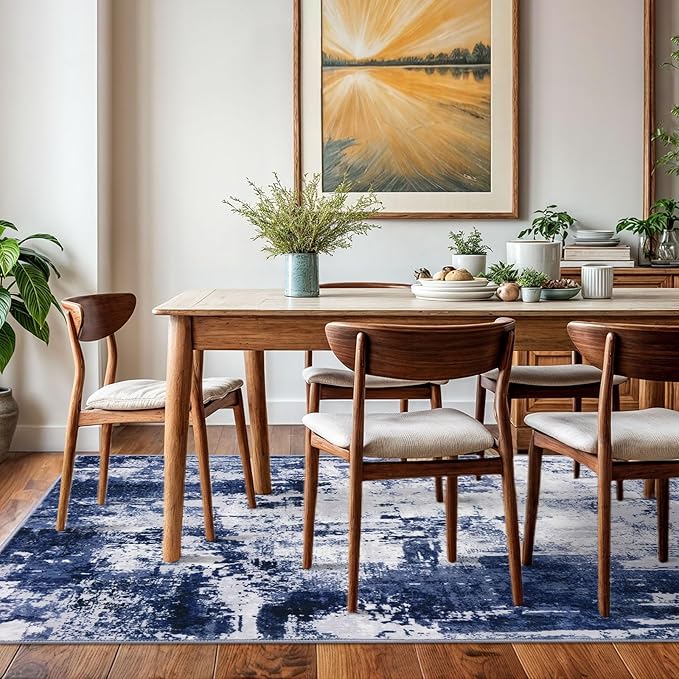 KOZYFLY Modern Abstract Area Rugs 5x7 Navy Blue Machine Washable Thin Rug - Image 2